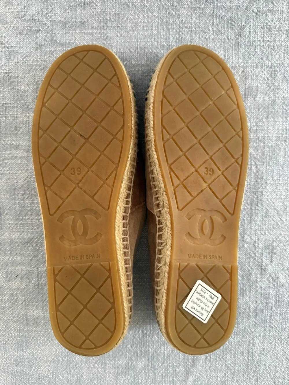 CHANEL Taupe and Black Logo Espadrille Flats